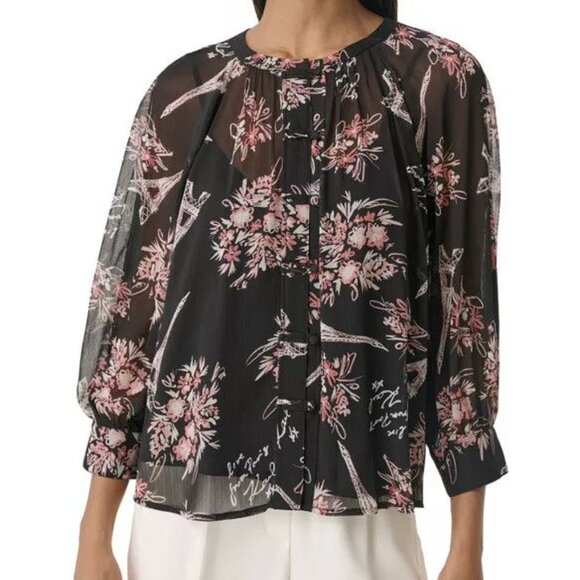 Karl Lagerfeld Paris Signature Eiffel Tower Floral Print Chiffon Blouse in Black - Picture 2 of 16